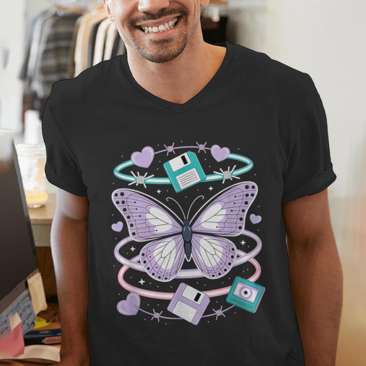 Y2K Butterfly Floppy Disk Art Digital Nostalgia Men's V-Neck T-Shirt Y2K Butterfly Floppy Disk Art Digital Nostalgia Men's V-Neck T-Shirt