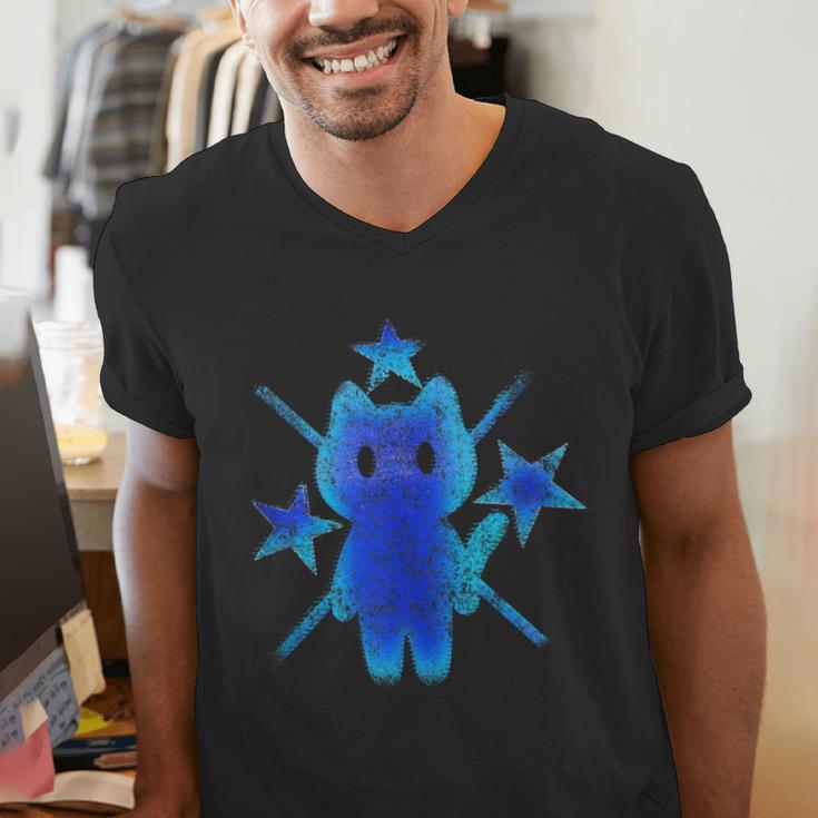 Yk2 Grunge Earthy Blue Cat With Stars Tomboy 90s Nostalgia Men's V-Neck T-Shirt Yk2 Grunge Earthy Blue Cat With Stars Tomboy 90s Nostalgia Men's V-Neck T-Shirt