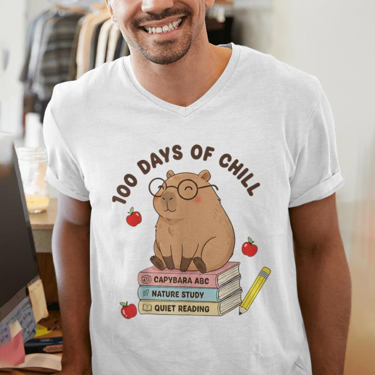100 Days Of Chill Cute Capybara School Book Lover Men's V-Neck T-Shirt 100 Days Of Chill Cute Capybara School Book Lover Men's V-Neck T-Shirt
