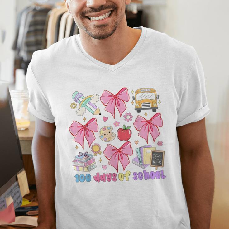 100 Days Of School Coquette Bow School Bus Pencil Books Men's V-Neck T-Shirt