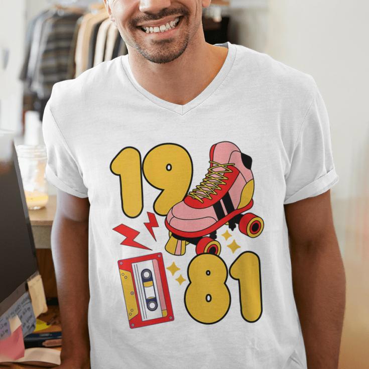 80s Vibes Mixed Tapes & Roller Skates 1981 Nostalgia Retro Men's V-Neck T-Shirt