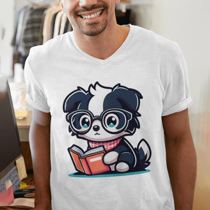 Adorable Book Lover Border Collie With Reading Glasses Cute Raglan Baseball Tee Men's V-Neck T-Shirt Adorable Book Lover Border Collie With Reading Glasses Cute Raglan Baseball Tee Men's V-Neck T-Shirt