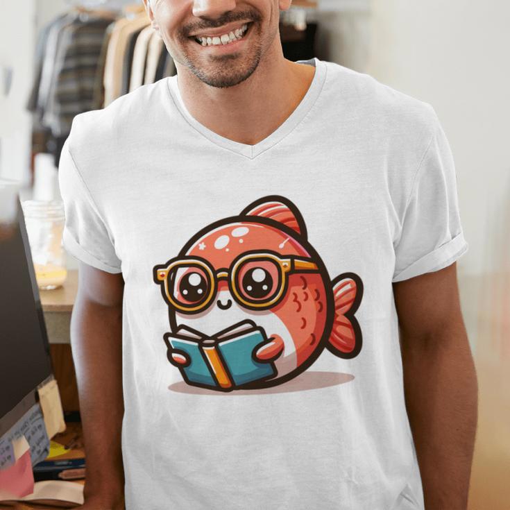 Adorable Book Lover Salmon With Reading Glasses Cute Men's V-Neck T-Shirt