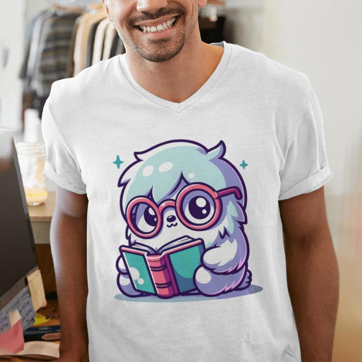 Adorable Book Lover Yeti With Reading Glasses Cute Men's V-Neck T-Shirt