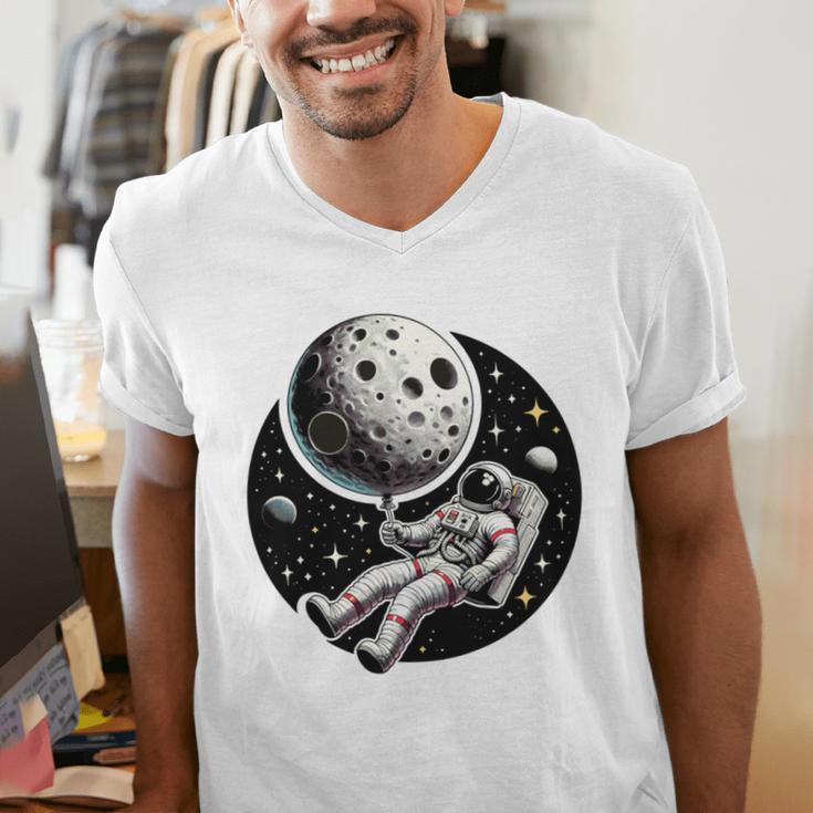 Astronaut Aesthetic Holding Moon Balloon Planets Introvert Men's V-Neck T-Shirt