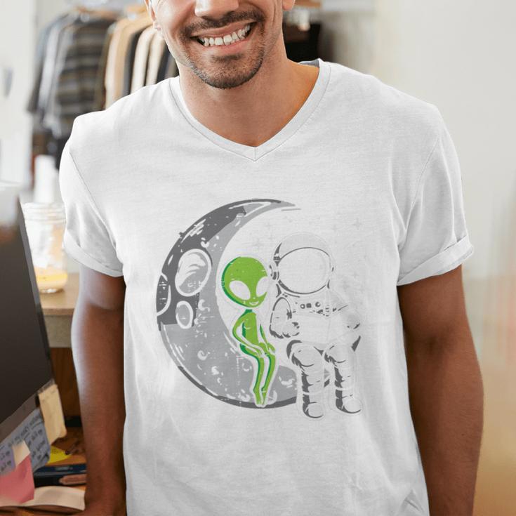 Astronaut Reading Book To Alien Moon Space Women Kids Men Premium Tri-Blend Men's V-Neck T-Shirt