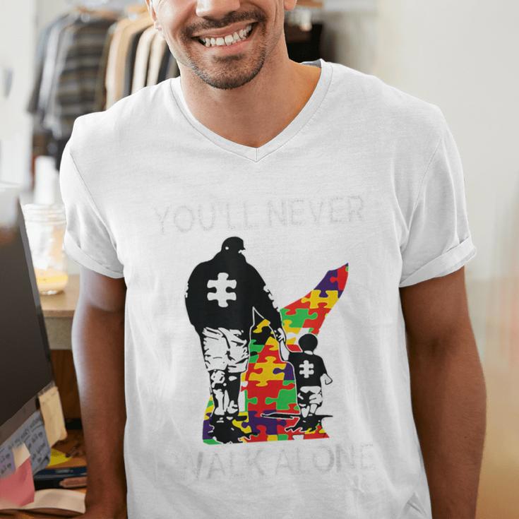 Autism Dad Support Alone Puzzle You'Ll Never Walk Premium Tri-Blend Men's V-Neck T-Shirt