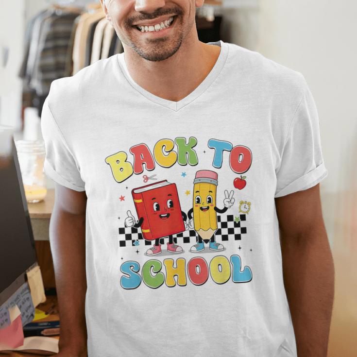 Back To School Checkered Book Pencil Groovy Teacher Student Men's V-Neck T-Shirt