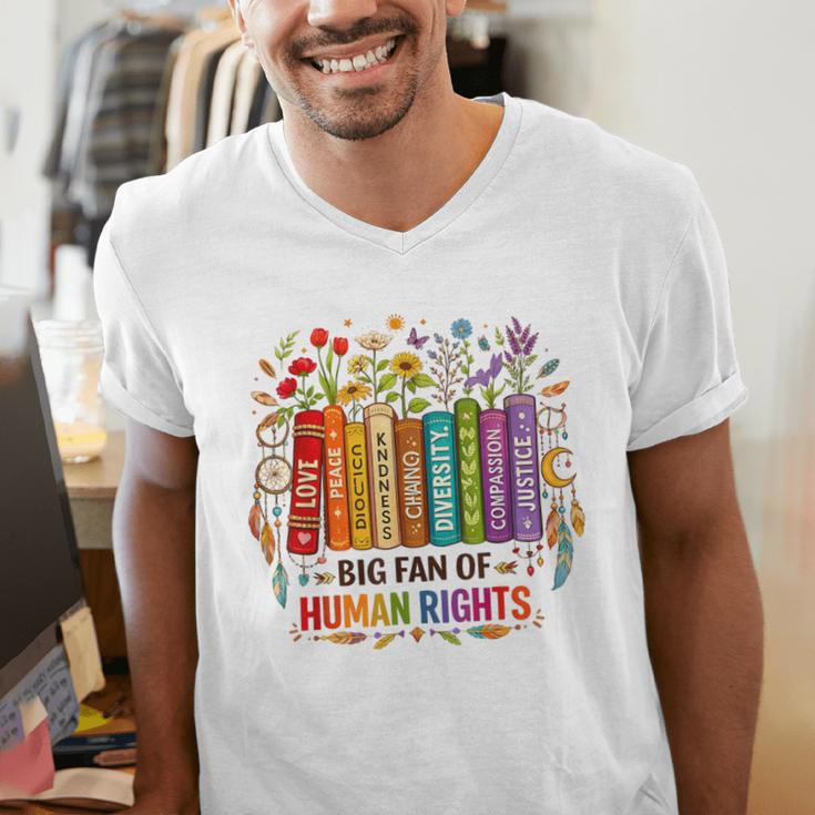 Boho Floral Book Big Fan Of Human Rights Liberal Protest Men's V-Neck T-Shirt