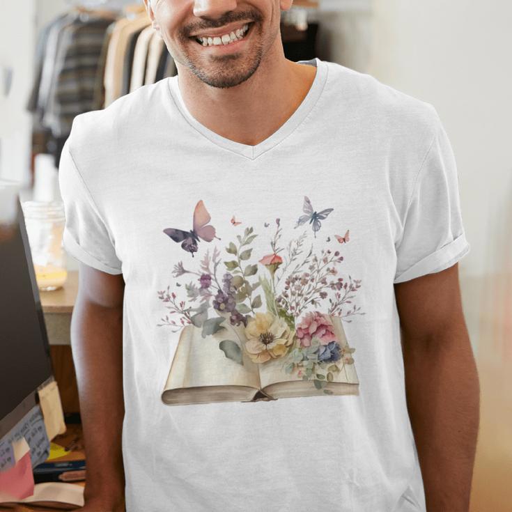 Book Flowers And Butterfly Beautiful Reading Reader Graphic Men's V-Neck T-Shirt Book Flowers And Butterfly Beautiful Reading Reader Graphic Men's V-Neck T-Shirt