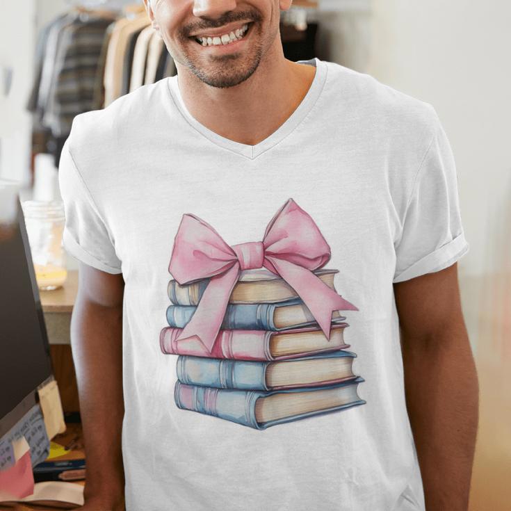 Book Lover Coquette Bow Pink Dainty Ribbon Cute Bookworm Men's V-Neck T-Shirt