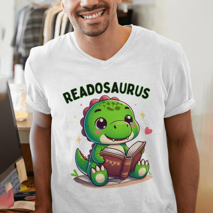Book Lover Reading Dinosaur Readosaurus Library Men's V-Neck T-Shirt