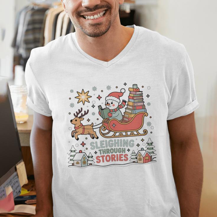 Book Lovers Winter Sleighing Through Stories Tee Premium Tri-Blend Men's V-Neck T-Shirt
