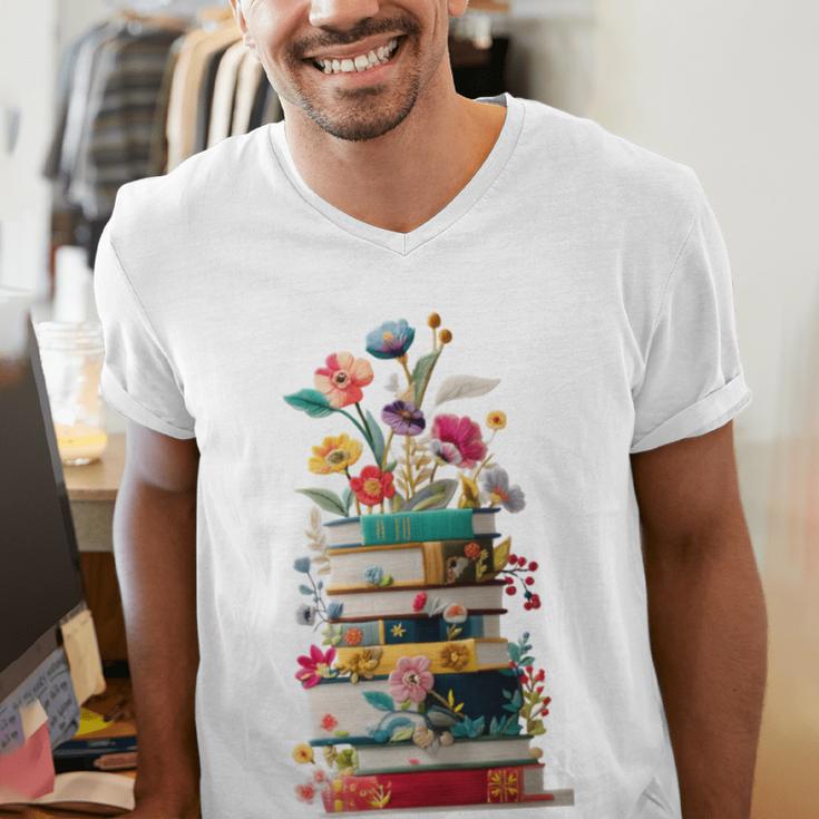 Book Stack With Flowers Reading Lover Bookish Men's V-Neck T-Shirt Book Stack With Flowers Reading Lover Bookish Men's V-Neck T-Shirt