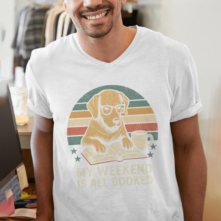My Weekend Is All Booked Vintage Dog Reading Book Lovers Men's V-Neck T-Shirt My Weekend Is All Booked Vintage Dog Reading Book Lovers Men's V-Neck T-Shirt