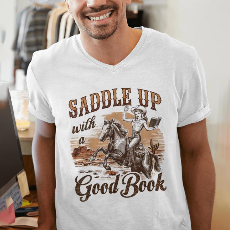 Bookish Retro Western Cowgirl Texas Book Lover Novel Reader Men's V-Neck T-Shirt