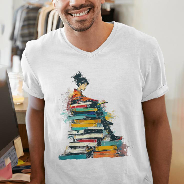 Books Abstract Artist Women Art Painting Books Men's V-Neck T-Shirt