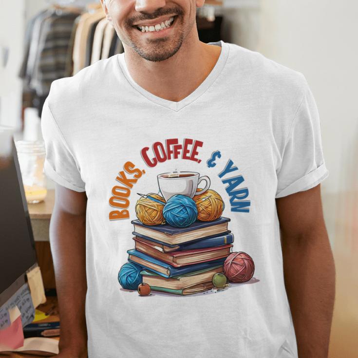 “Books Coffee & Yarn Enthusiast Cozy Reader Men's V-Neck T-Shirt