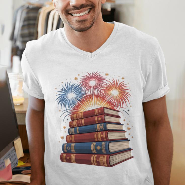 Books Fireworks 4th Of July Bookworm Patriotic Reader Men's V-Neck T-Shirt Books Fireworks 4th Of July Bookworm Patriotic Reader Men's V-Neck T-Shirt