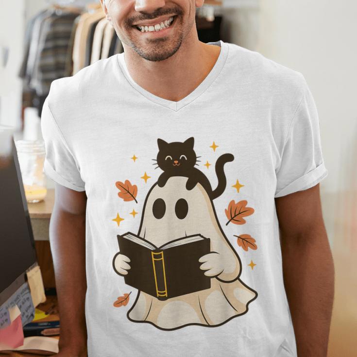 Books Ghost Reading Book Halloween Library Cat Fall Men's V-Neck T-Shirt Books Ghost Reading Book Halloween Library Cat Fall Men's V-Neck T-Shirt