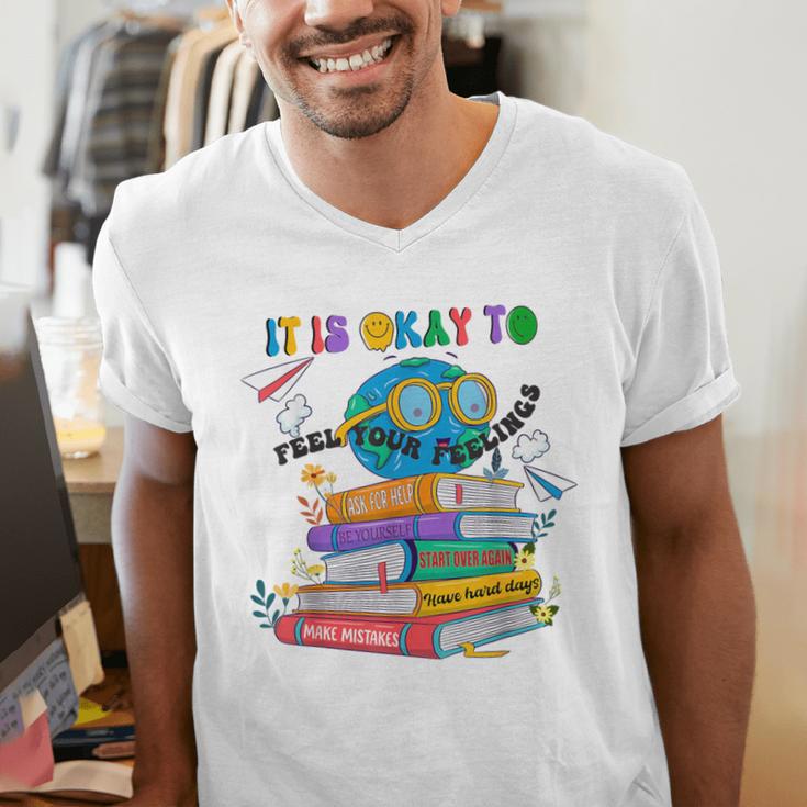 Books It's Okay To Be Kind Yellow Mental Health Day Kids Men's V-Neck T-Shirt Books It's Okay To Be Kind Yellow Mental Health Day Kids Men's V-Neck T-Shirt