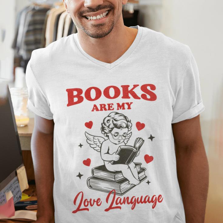 Books Are My LoveLanguage Cupid Valentines Men's V-Neck T-Shirt Books Are My LoveLanguage Cupid Valentines Men's V-Neck T-Shirt