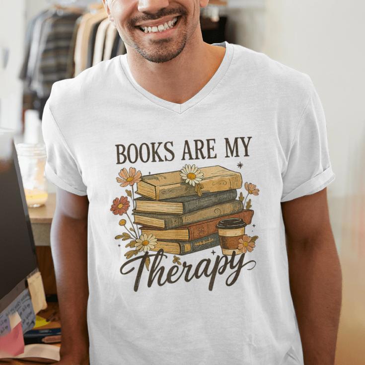 Books Are My Therapy Vintage Book Lover Daisy Art Men's V-Neck T-Shirt
