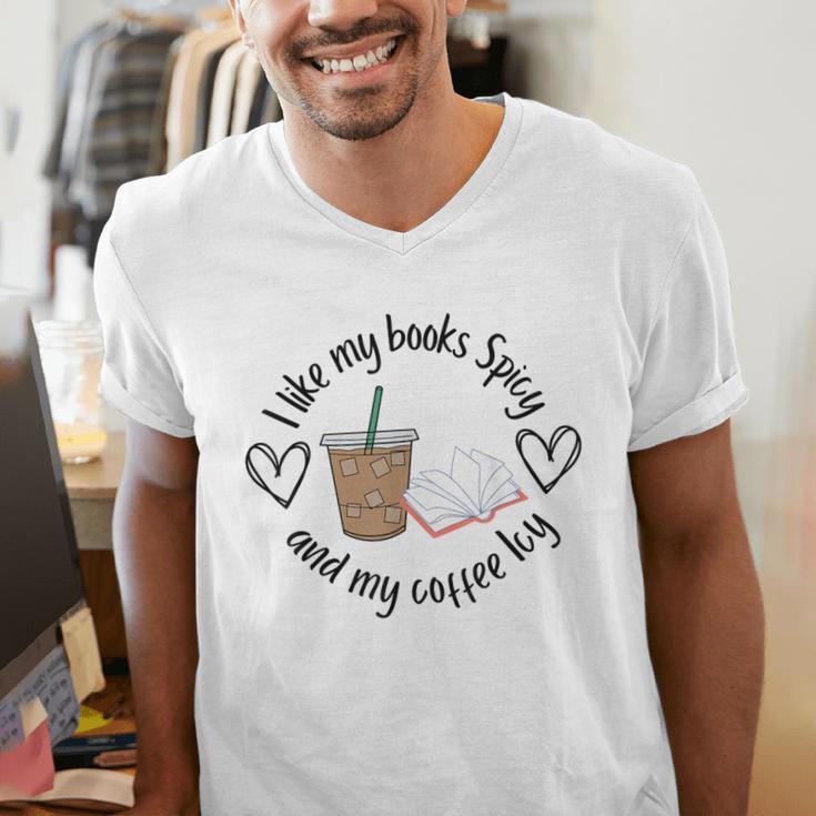 I Like My Books Spicy And My Coffee Icy Books Booktok Men's V-Neck T-Shirt I Like My Books Spicy And My Coffee Icy Books Booktok Men's V-Neck T-Shirt
