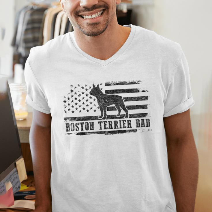 Boston Terrier Dad Distressed American Flag Patriotic Dog Men's V-Neck T-Shirt Boston Terrier Dad Distressed American Flag Patriotic Dog Men's V-Neck T-Shirt
