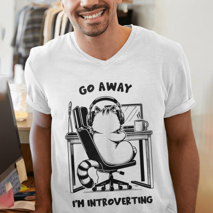 Cat With Coffee On Computer Go Away I'm Introverting Men's V-Neck T-Shirt Cat With Coffee On Computer Go Away I'm Introverting Men's V-Neck T-Shirt