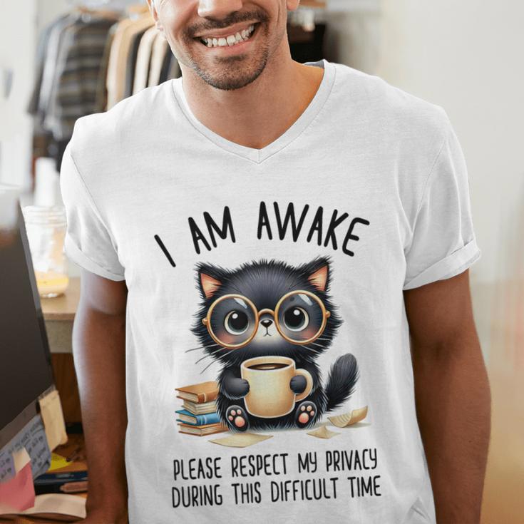 Cat Glasses Coffe Books I Am Awake Please Respect My Privacy Men's V-Neck T-Shirt Cat Glasses Coffe Books I Am Awake Please Respect My Privacy Men's V-Neck T-Shirt