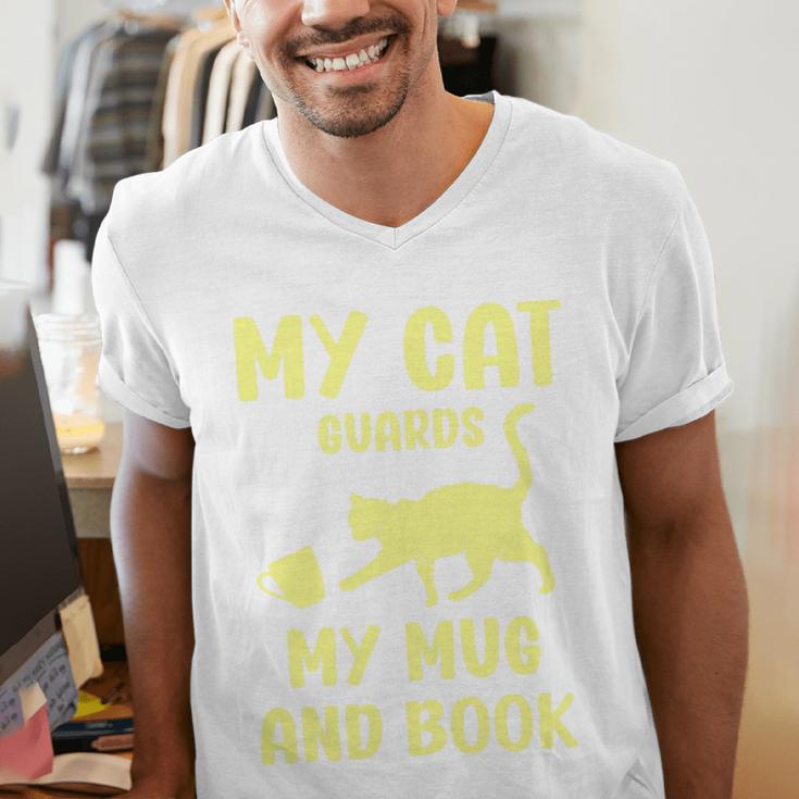 My Cat Guards My Mug And Book Humor Cats Premium Tri-Blend Men's V-Neck T-Shirt