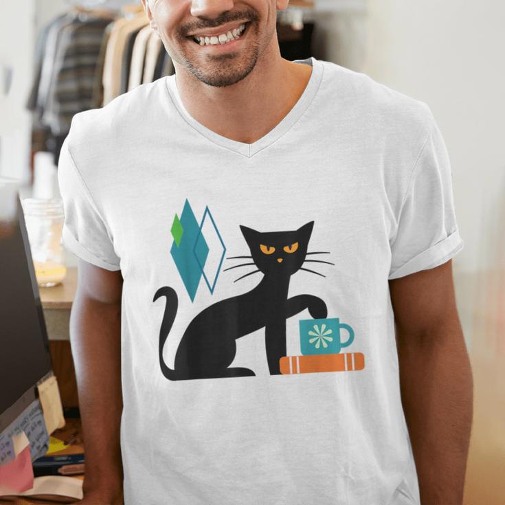 Cat Midcentury With Book And Coffee Atomic Age Mid Century Men's V-Neck T-Shirt