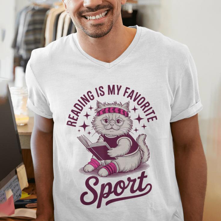 Cat Reading Is My Favorite Sport Retro Book Lover Men's V-Neck T-Shirt