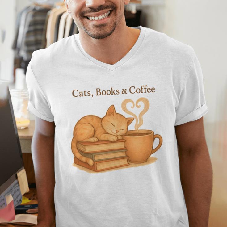 Cats Books And Coffee Heart Cozy Cat Lover Bookworm Readers Men's V-Neck T-Shirt