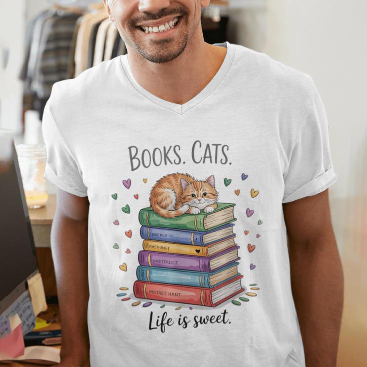 Cats Books Lover Men Women Men's V-Neck T-Shirt