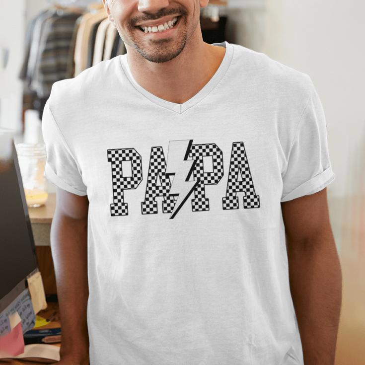 Checkered Papa Lightning Bolt Fathers Day Dad Grandpa Men's V-Neck T-Shirt