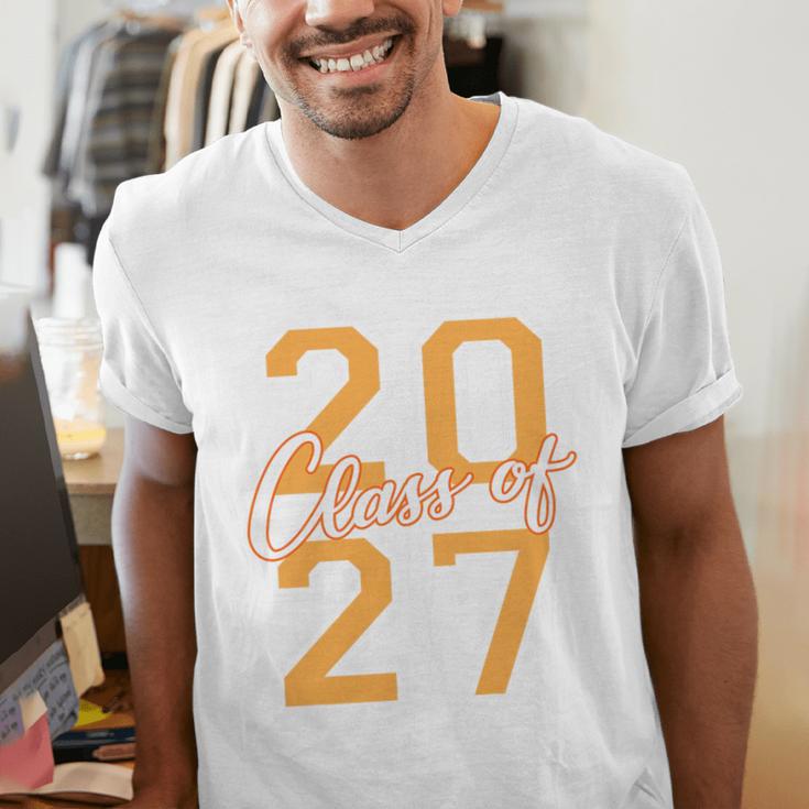 Class Of 2027 Graduation Varsity Orange On The Back Premium Tri-Blend Men's V-Neck T-Shirt