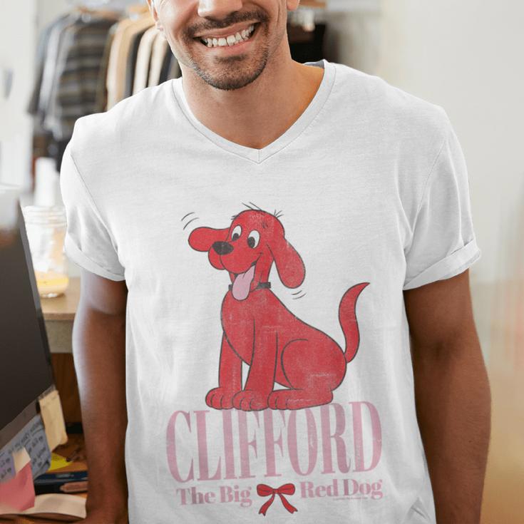 Clifford The Big Red Dog Pink Text With Bow Illustrated Book Men's V-Neck T-Shirt Clifford The Big Red Dog Pink Text With Bow Illustrated Book Men's V-Neck T-Shirt