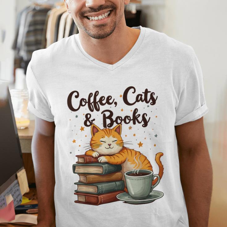 Coffee Cats And Books Lover For Women & Girls Coffee Men's V-Neck T-Shirt Coffee Cats And Books Lover For Women & Girls Coffee Men's V-Neck T-Shirt