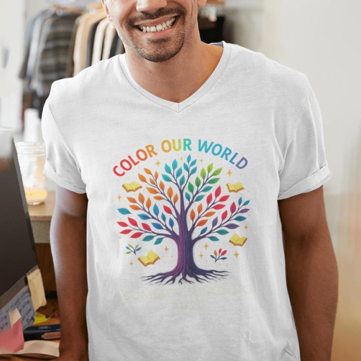 Color Our World Summer Reading Program 2025 Trippy Book Tree Men's V-Neck T-Shirt