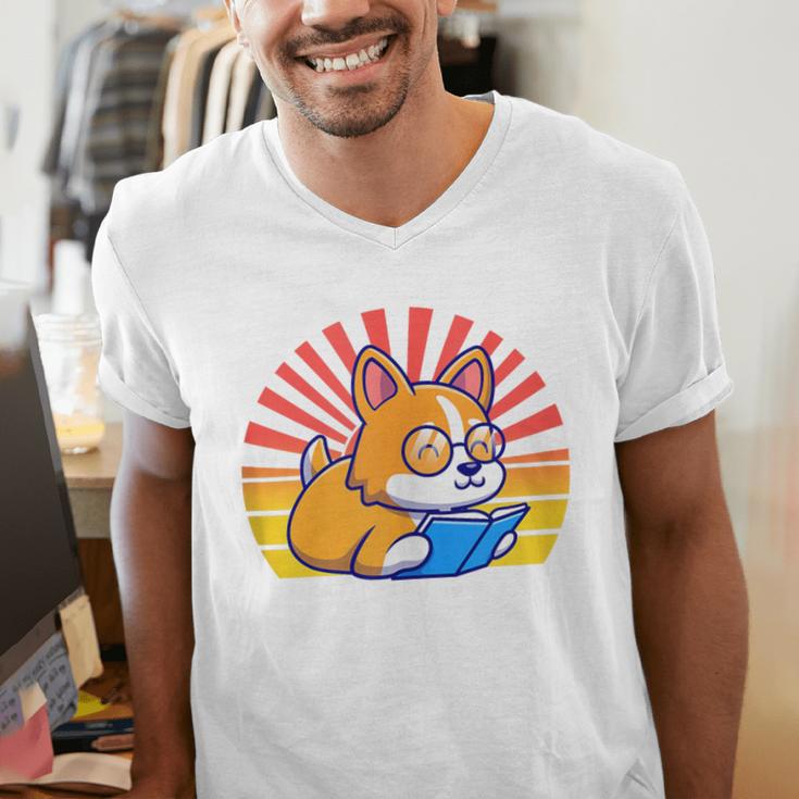 Corgi Dog Reading Book Book Lover Dog Lover Men's V-Neck T-Shirt Corgi Dog Reading Book Book Lover Dog Lover Men's V-Neck T-Shirt