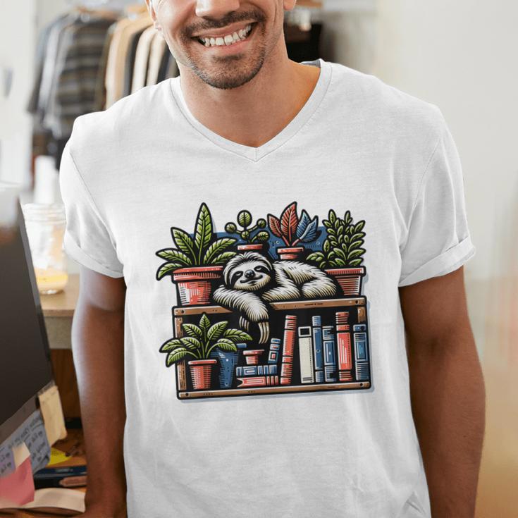 Cosy Sloth In Bookshelf With Plants Men's V-Neck T-Shirt