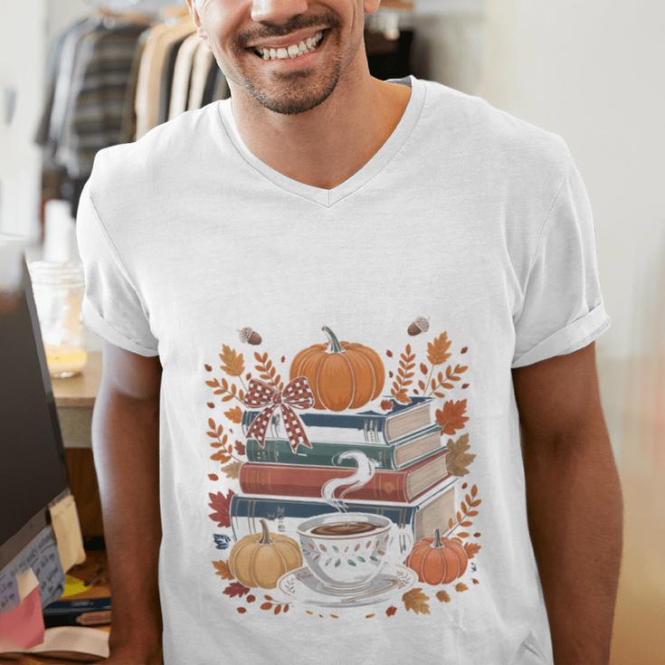 Cozy Autumn Books Fully Booked For Fall Books Pumpkin Men's V-Neck T-Shirt Cozy Autumn Books Fully Booked For Fall Books Pumpkin Men's V-Neck T-Shirt