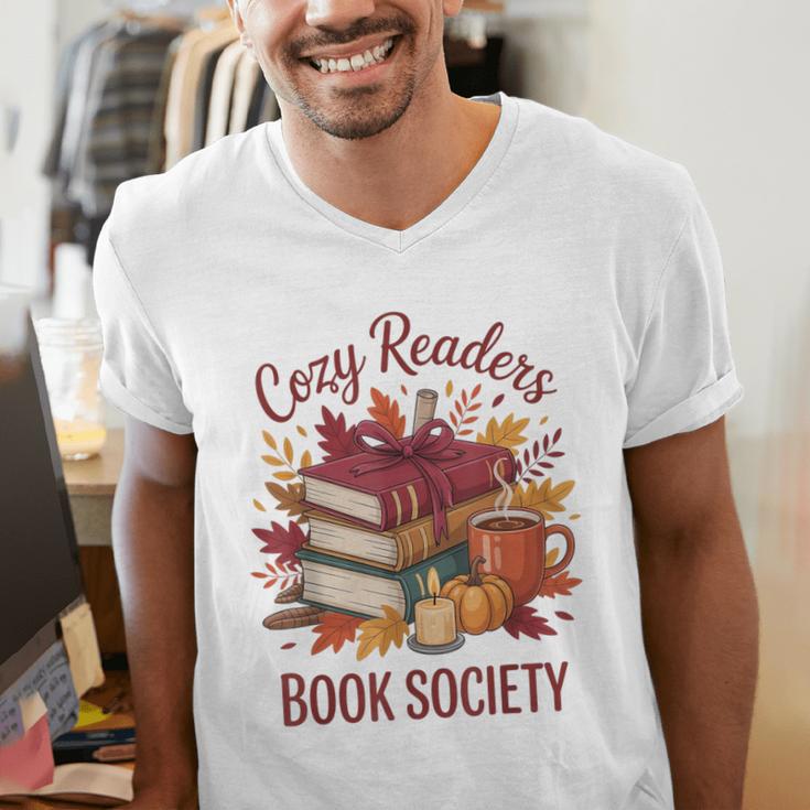 Cozy Readers Book Society Fall Autumn Floral Pumpkin Season Men's V-Neck T-Shirt