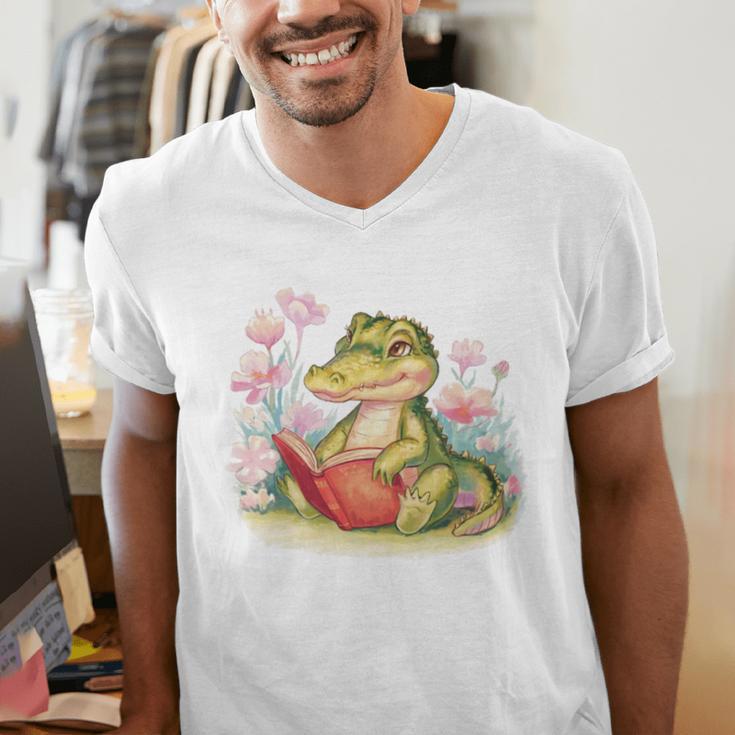 Crocodile Reading Book Watercolor Flowers Kids Men's V-Neck T-Shirt