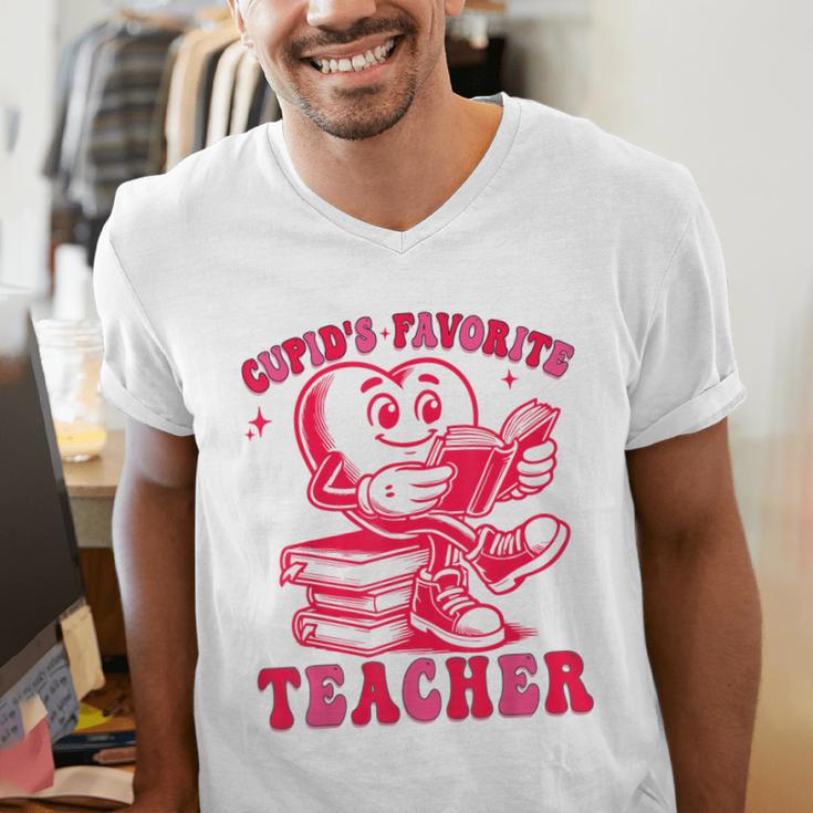 Cupid's Favorite Teacher Valentines Day Heart Book Lover Men's V-Neck T-Shirt Cupid's Favorite Teacher Valentines Day Heart Book Lover Men's V-Neck T-Shirt