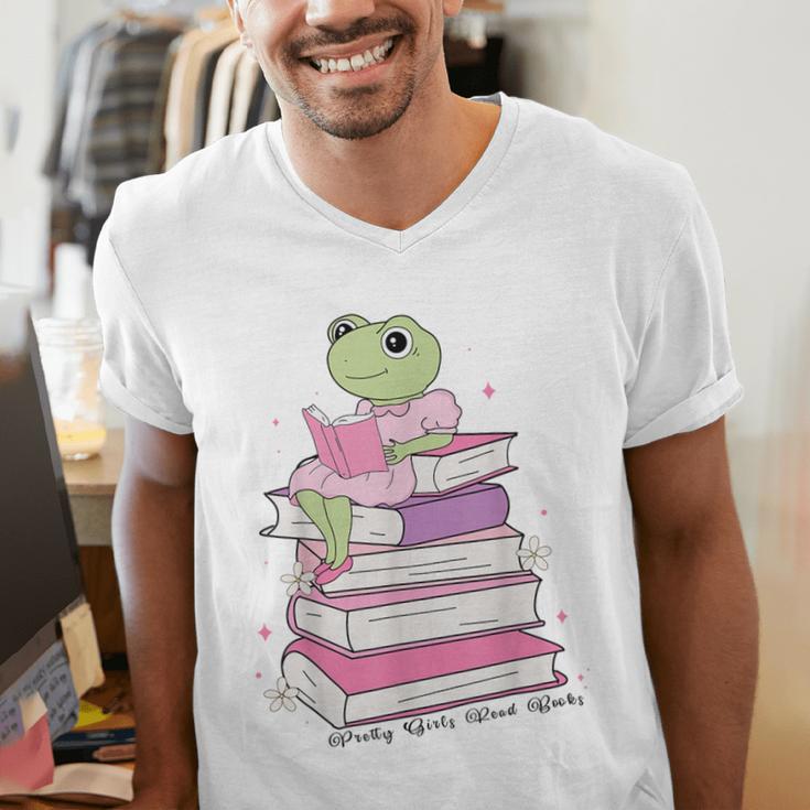 Cute Book Lover Frog Pretty Girls Read Books Kawaii Reading Men's V-Neck T-Shirt