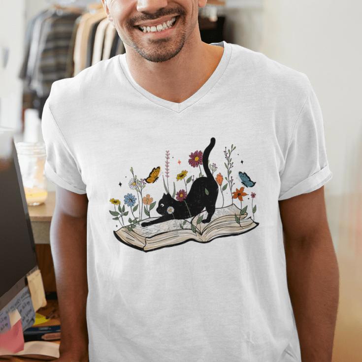 Cute Cat Flower Garden Book Kitty Reading Floral Men Women Girls Kids Men's V-Neck T-Shirt Cute Cat Flower Garden Book Kitty Reading Floral Men Women Girls Kids Men's V-Neck T-Shirt
