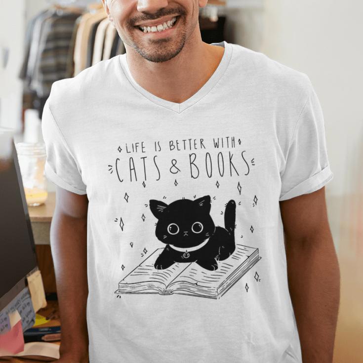 Cute Cats And Books Aesthetic Feline Reader Graphic Premium Tri-Blend Men's V-Neck T-Shirt